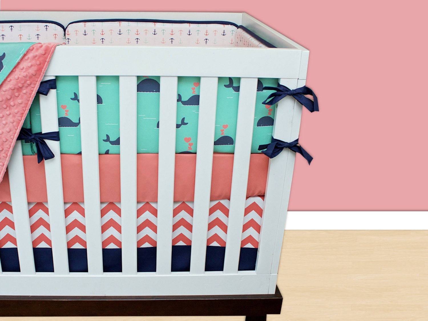 Whale Crib Bedding C Navy Mint Green Pink Baby Nursery