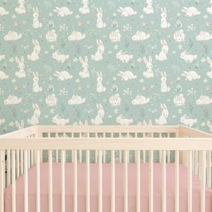 Removable Wallpaper, Bunny Wallpaper, Rabbit, Peel and Stick, Mint Green, Nursery Wallpaper, Kids Room Wall Decor, Sweet, Girl Nursery