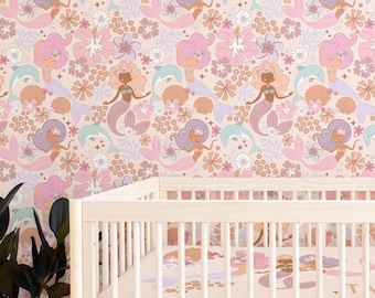 Boho Mermaid Peel and Stick Wallpaper: Retro Nursery Decor