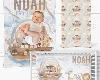 Noah's Ark Baby Blanket with Name | Add a Crib Sheet or Changing Pad Cover for Baby Boy Gift Set
