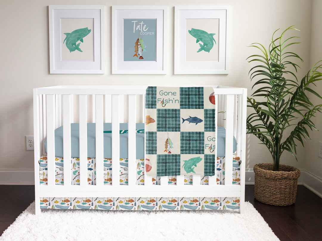 Gone Fishing Crib Bedding, Baby Boy Nursery Set, Bass Fishing, Plaid