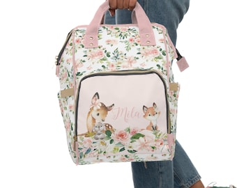 Woodland Baby Girl Diaper Bag, Backpack, Pink Floral Nursery Decor, Baby Girl Shower Gift, Personalized Floral Diaper Bag, Deer, Fox, Bunny