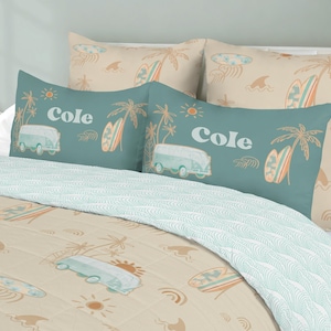 Boho Boy Bedding Set, Surfer Boy Room Decor, Toddler Bedding Set, Twin Comforter, Queen, King, Personalized, Pillowcase Set, Ocean, Waves
