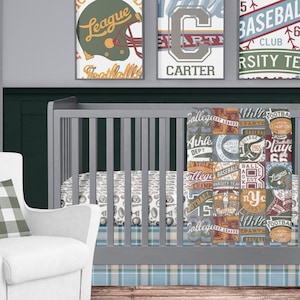 Baby Boy Crib Bedding, Vintage Sports Nursery, Football, Baseball, Basketball, Plaid, Baby Quilt, Sports Crib Sheet, Blue, Gray, Green, Red