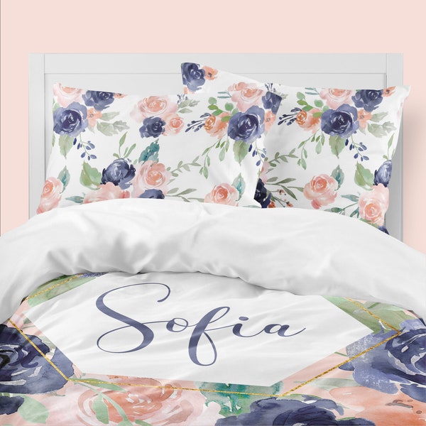Peach & Navy Bedding Set, Floral Bedroom, Floral Girl Bedding, Peach, Comforter, Duvet Cover, Toddler, Twin, Full, Queen, King, Pillowcase