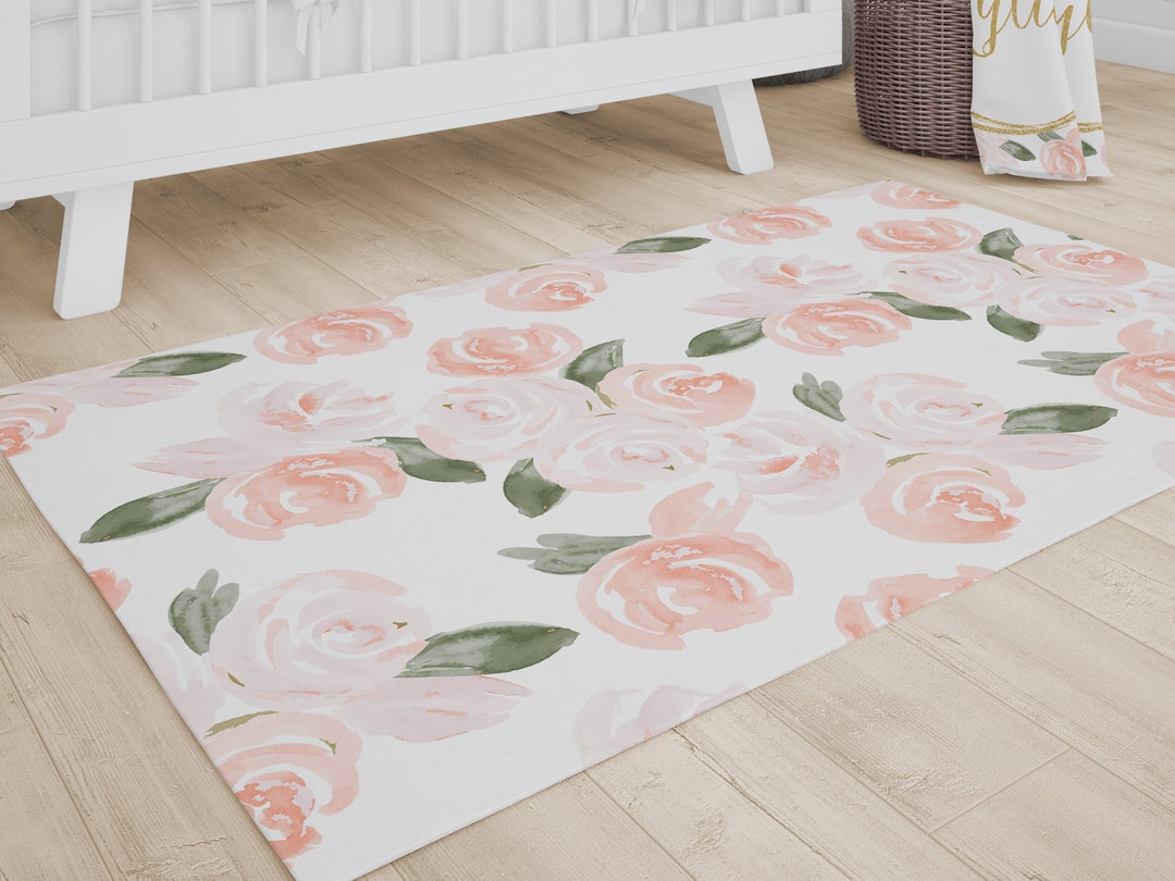 Baby Girl Nursery Rug, Blush Pink Floral, Salmon, Watercolor Floral
