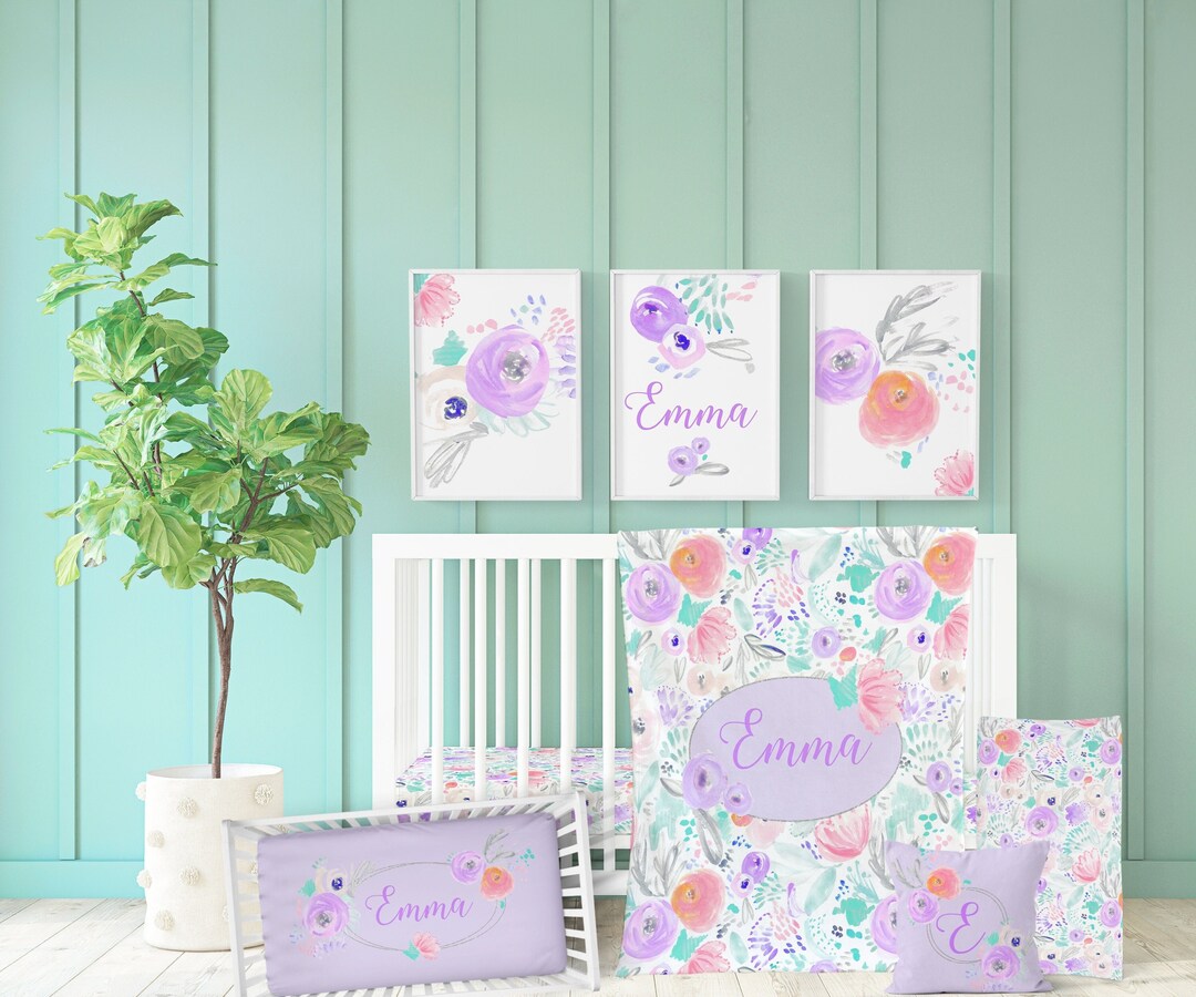 Floral Baby Girl Crib Bedding Set: Purple & Teal Nursery Decor - Etsy