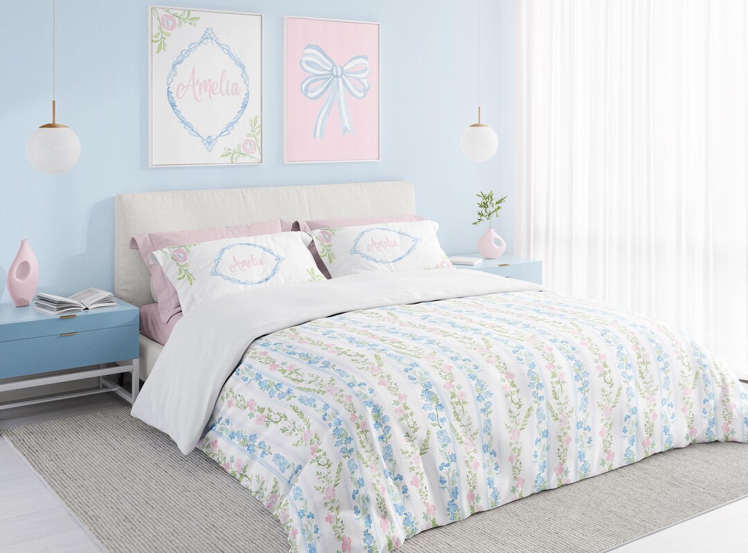 Preppy Floral Girls Bedding Set, Grandmillennial Pink and Blue ...