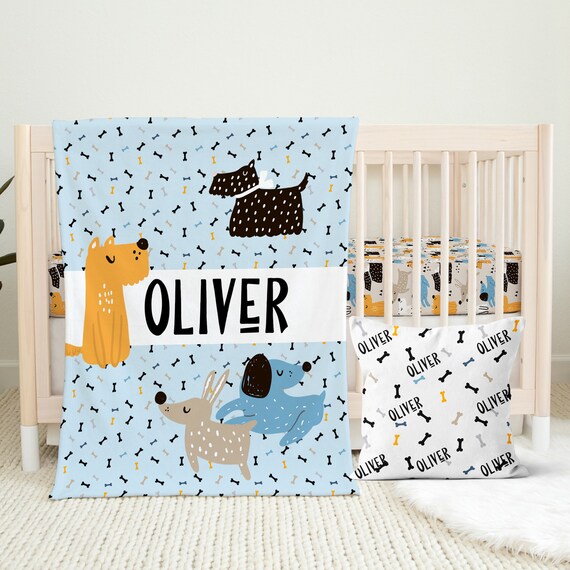 Dog Nursery Bedding Set, Dog Baby Blanket, Dog Baby Bedding Boy, Puppy Baby Quilt, Puppy Baby