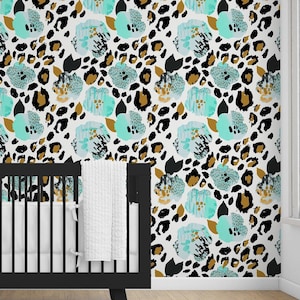 Leopard Wallpaper, Floral Removable Wallpaper, Nursery Wallpaper, Cheetah, Girl Nursery Room, Turquoise, Mint, Gold, Black, Peel and Stick