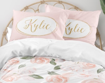 Girl Bedding Set, Watercolor Floral, Twin XL Bedding, Blush Pink, Toddler Bedding, Floral Comforter, Dorm Bedding, Toddler Sheet, Pillowcase