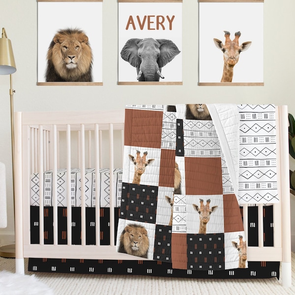 Modern Baby Boy Crib Bedding Set, Safari Nursery Decor, Jungle, Mudcloth Baby Bedding, Elephant Baby Sheet, Baby Quilt, Boy Baby Shower Gift