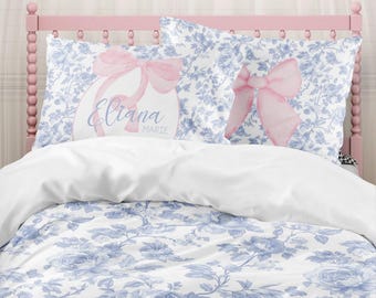 Coquette Bedding Set: Pink Bow, Blue Toile, Personalized Pillowcase