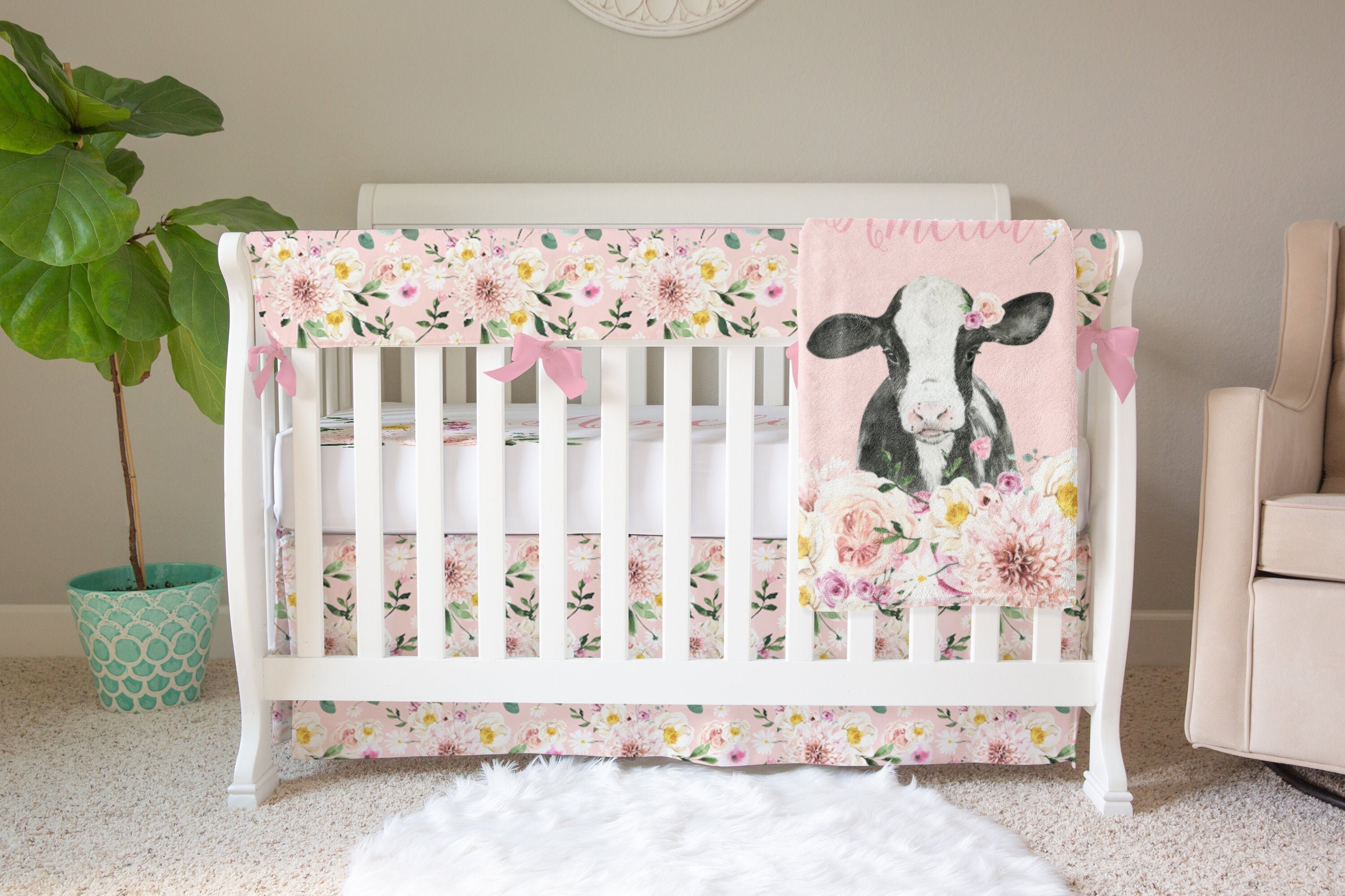 Floral Girl Crib Bedding Cow Baby Bedding Set Calf Pink Etsy
