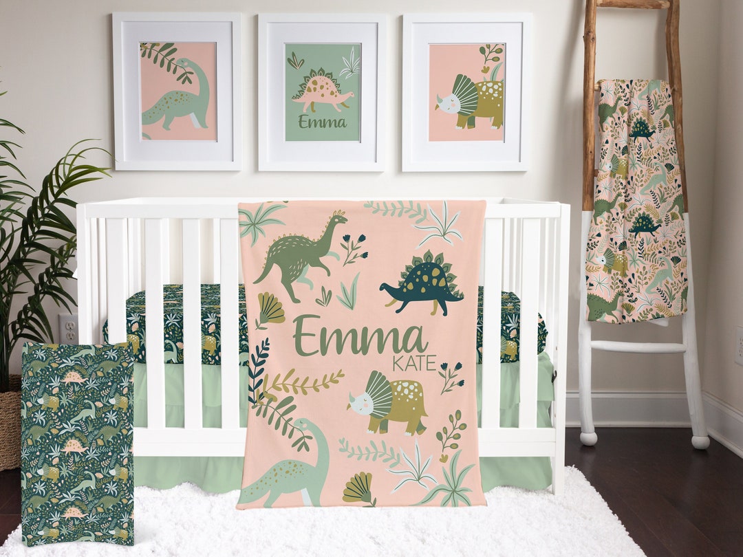 Girl Dinosaur Crib Bedding Set, Pink and Mint Green Girl Nursery Set