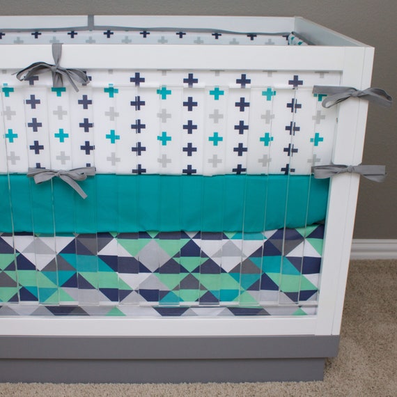Crib Bedding Mint Navy Gray Triangle Cribset Modern Boy Teal Per Set