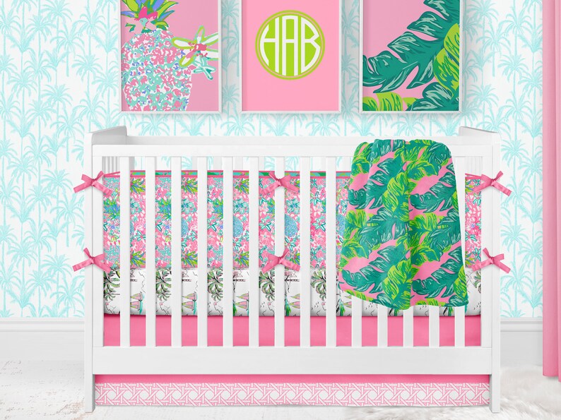 Girl Crib Bedding Tropical Nursery Palm Beach Preppy Pink Etsy