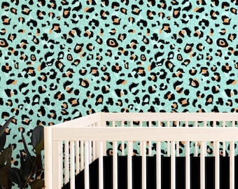 Teal, Black, and Gold Leopard Peel and Stick Wallpaper for a Baby Nursery, Kids Room, Toddler Room, or Teen Room