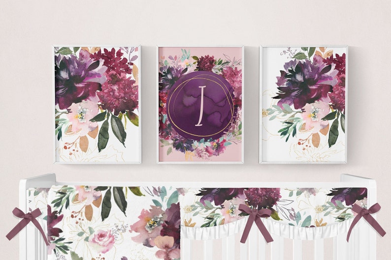 Moody Floral Crib Bedding Set Baby Girl Nursery Plum Mauve Etsy