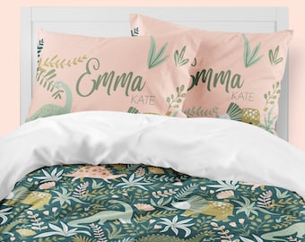 Girl Bedding Set with Pink Dinosaurs, Twin Comforter, Queen Duvet Cover, Pillowcase Set, Toddler Bedding Set, Girl Dinosaur Room Decor, Name