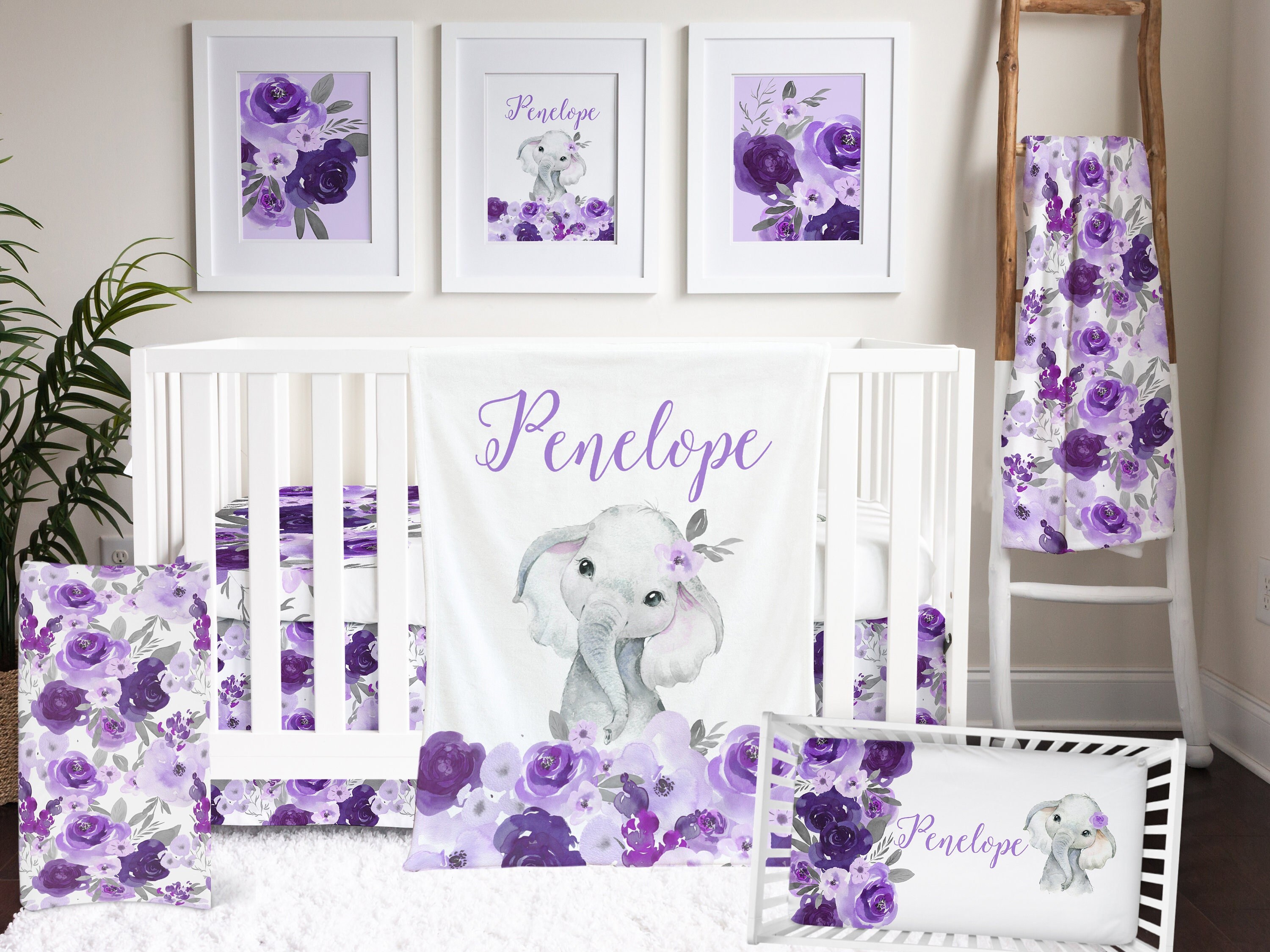 Purple Floral Crib Bedding for Your Baby Girl Nursery With Cute Elephant Etsy