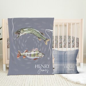 Gone Fishing Crib Bedding Set for your Baby Boy Nursery | Personalized Crib Sheet, Baby Blanket, Plaid Crib Skirt | Fishing Nursery Decor