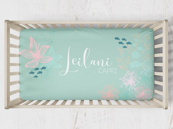 Ocean Floral Crib Bedding Set for Baby Girl Nursery Ombre Sunset Coral Personalized Crib Sheet Beach Nursery Decor Coastal Baby Bedding Etsy