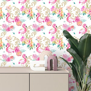 Flamingo Nursery Wallpaper, Floral Removable Wallpaper, Tropical
