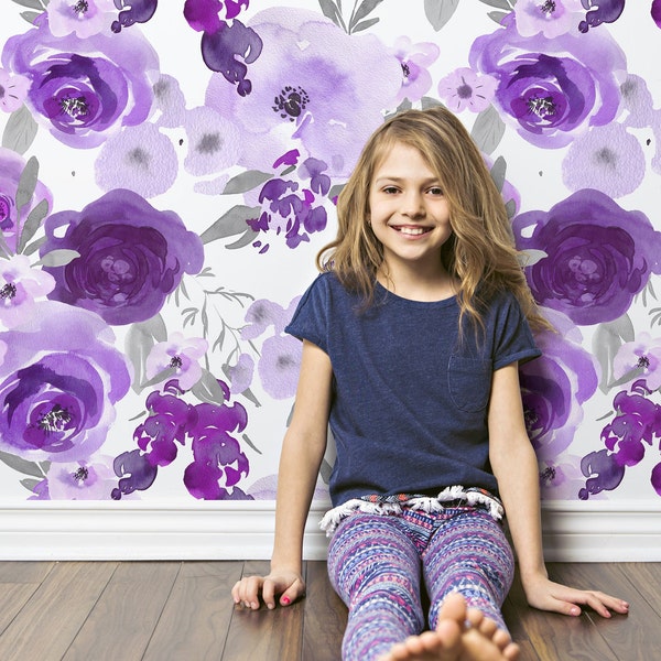 Purple Floral Wallpaper, Removable Wallpaper, Watercolor Floral, Purple and Gray, Nursery Wallpaper, Wall Mural, Girl Room, Peel and Stick