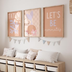 Nursery Wall Art, Boho Mermaid Nursery Decor, Baby Girl Shower Gift, Ocean Crib Bedding, Personalize, Peach, Retro Girl Room Decor, Toddler