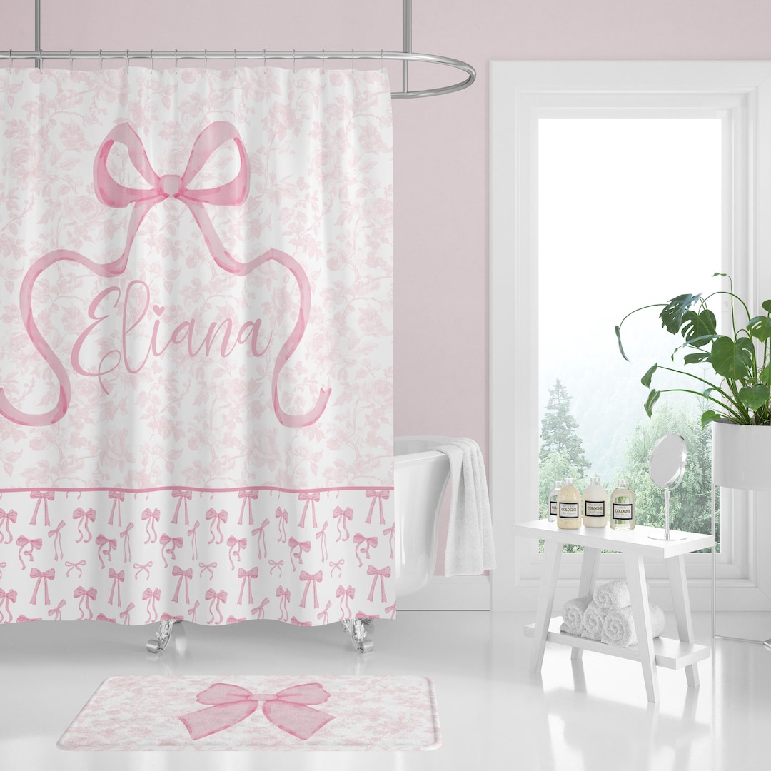 Pink Bow Shower Curtain, Kids Bathroom Decor, Coquette Girl Shower ...