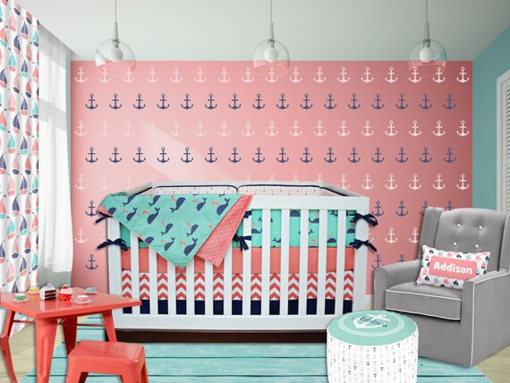 Sailor Crib Bedding Girl Coral Navy Mint Green Pink Etsy