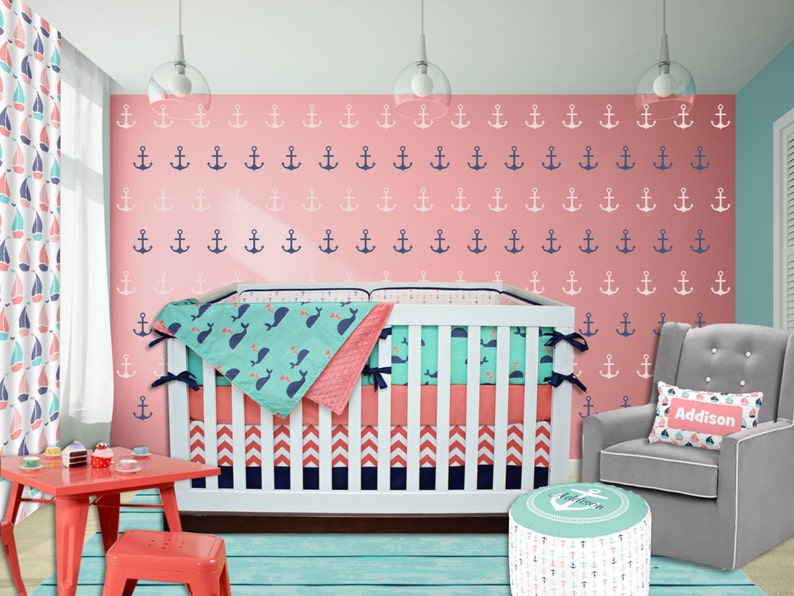 Sailor Crib Bedding Girl C Navy Mint Green Pink