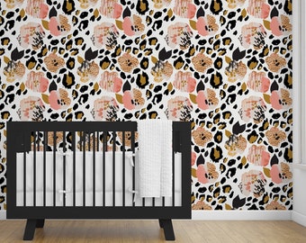 Peel and Stick Leopard Wallpaper | Removable | Nursery Wallpaper | Black, Gold, Coral, Pink | Teen Wallpaper