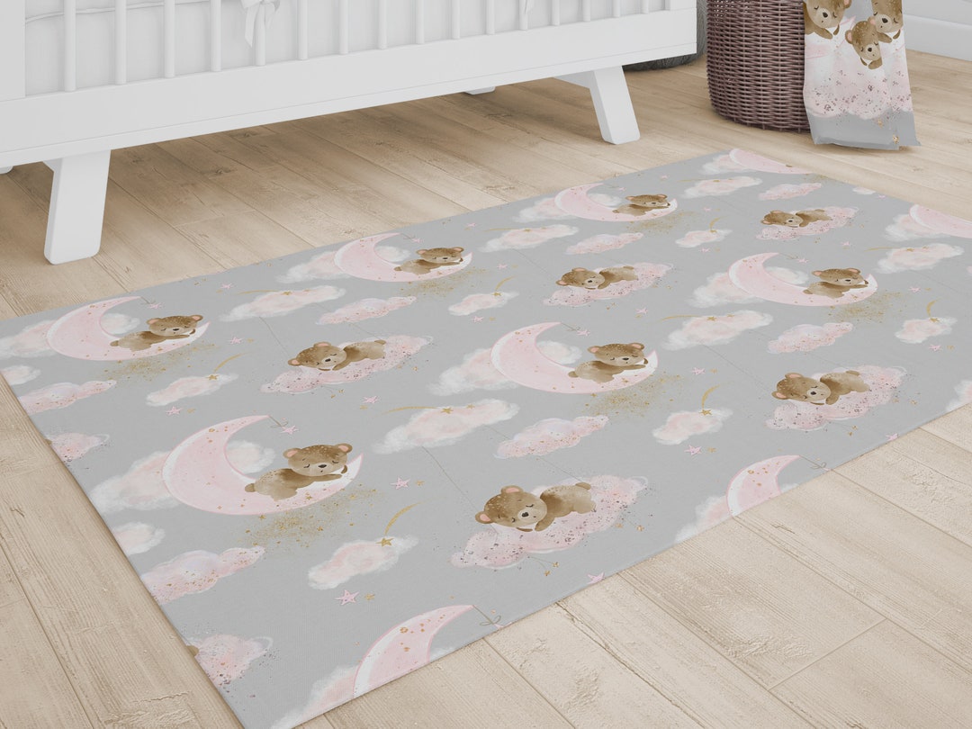 Pink Teddy Bear Nursery Rug, Moon and Stars Baby Girl Nursery Decor