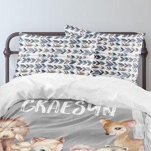 Boy Bedding Set, Woodland Animals Boy Room Decor, Toddler Bedding Set, Twin Comforter, Queen, King, Personalized, Pillowcase Set, Blue, Gray