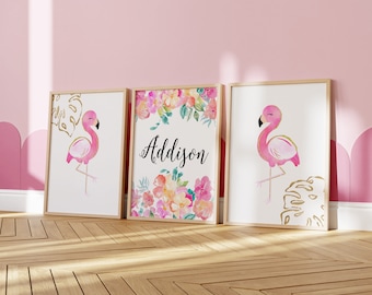 Flamingo Nursery Art, Tropical Girl Nursery, Floral Wall Art, Palm, Personalized, Hawaiian, Hot Pink, Teal, Flamingo Crib Bedding