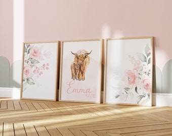 Nursery Wall Art, Highland Cow Floral Decor, Baby Nursery Decor, Floral Crib Bedding, Personalized, Floral, Girl Room Decor, Toddler, Cow