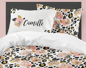 Leopard Bedding Set, Floral, Girl Bedding, Duvet Cover, Comforter, Twin, Queen, King, Toddler Bedding, Pillowcase Set, Custom, Personalized