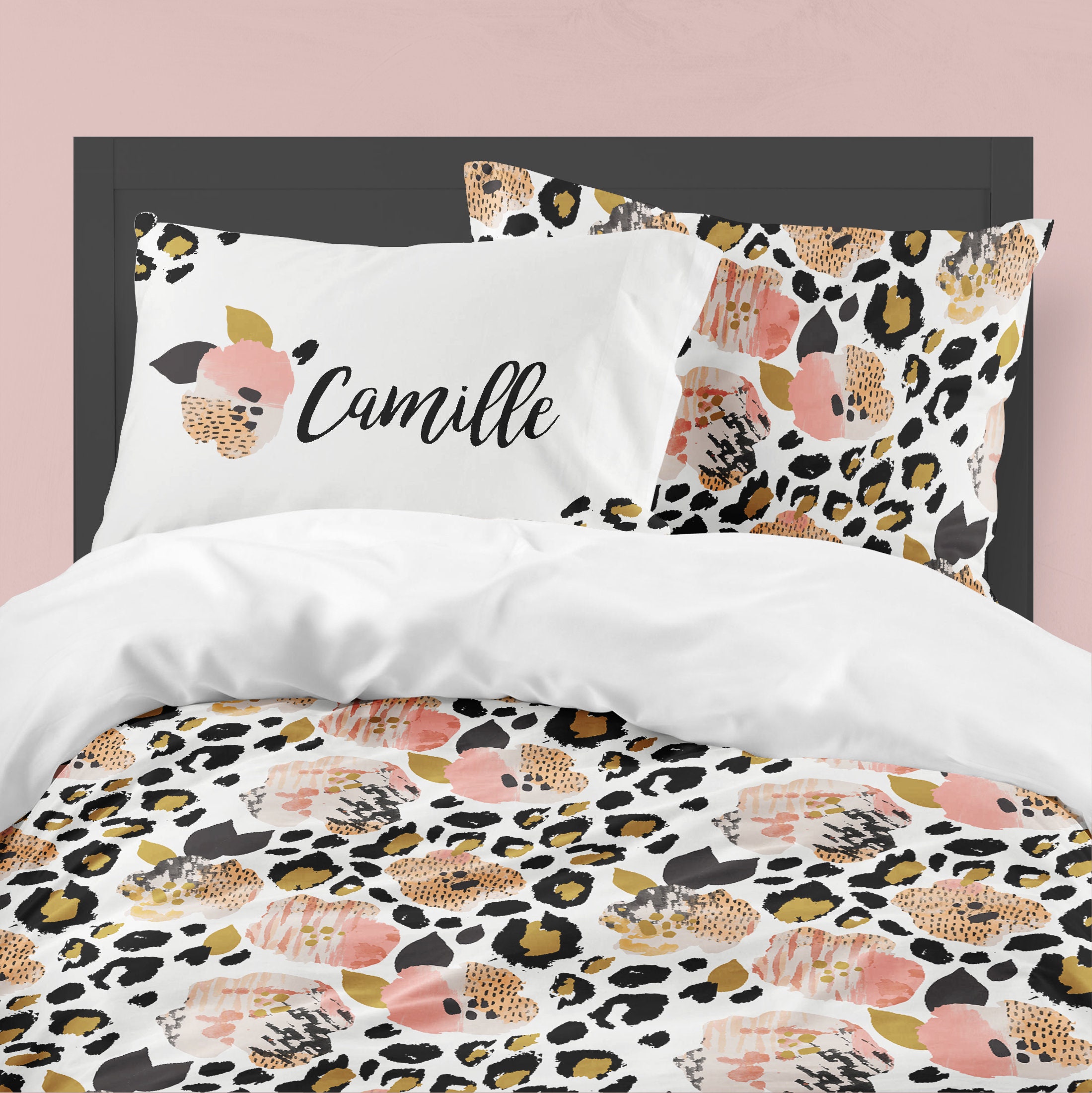 Leopard Bedding Set Floral Girl Bedding Duvet Cover Comforter Twin Queen King Toddler Bedding Pillowcase Set Custom Personalized Etsy