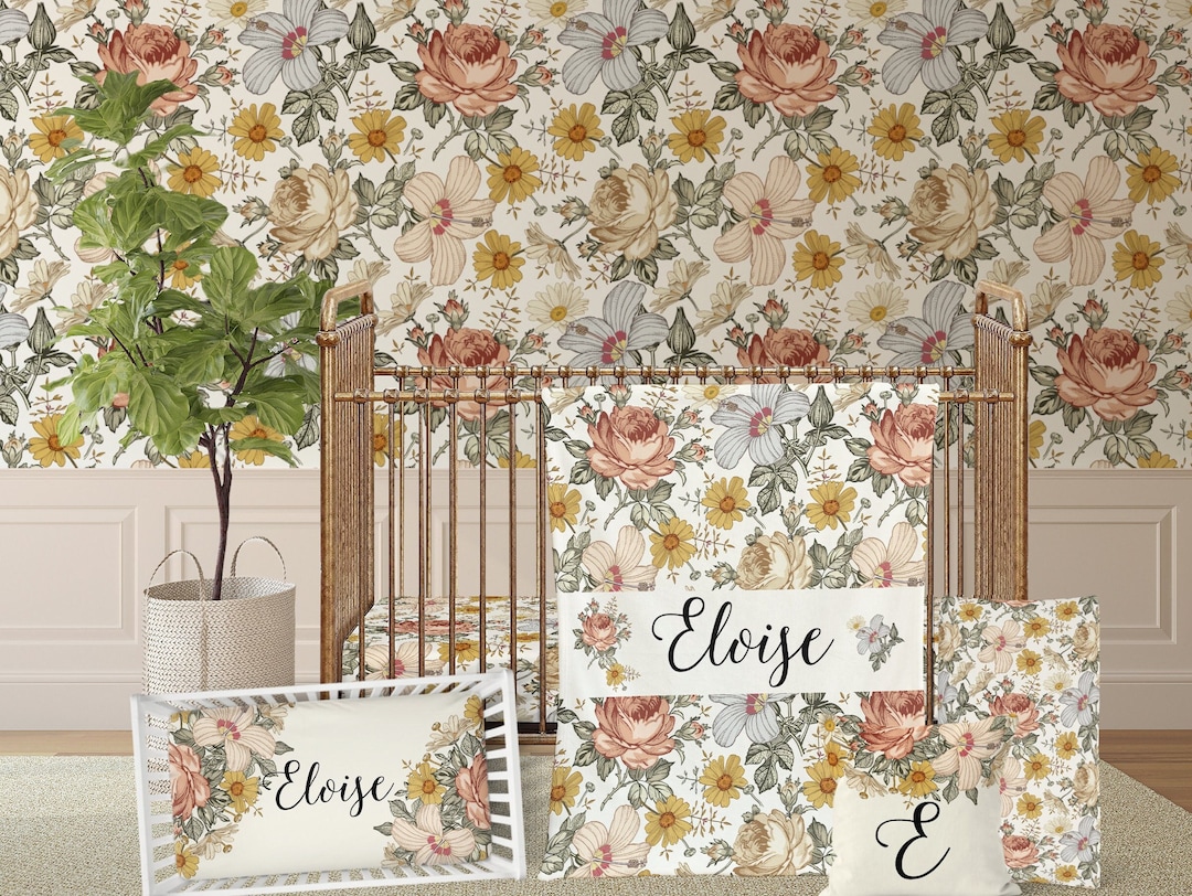 Vintage Floral Crib Bedding Set: Earthy Nursery Decor - Etsy