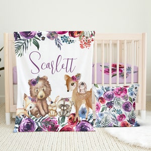 Woodland Baby Girl Crib Bedding Set, Floral Baby Bedding, Animals, Personalized Crib Sheet, Minky Blanket, Nursery Pillow, Baby Shower Gift