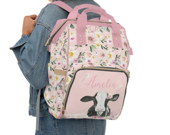 Personalized Baby Girl Diaper Bag, Backpack, Farm Floral, Floral Nursery Decor, Baby Girl Gift, Farm Diaper Bag, Farm Floral, Pink, Cow