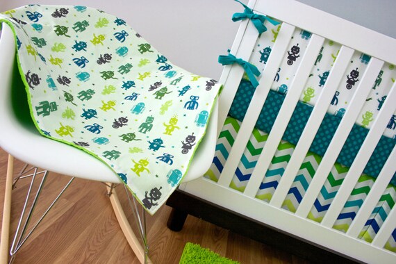 Robot Cribset Modern Boy Cribset Teal Crib Bedding Crib Etsy