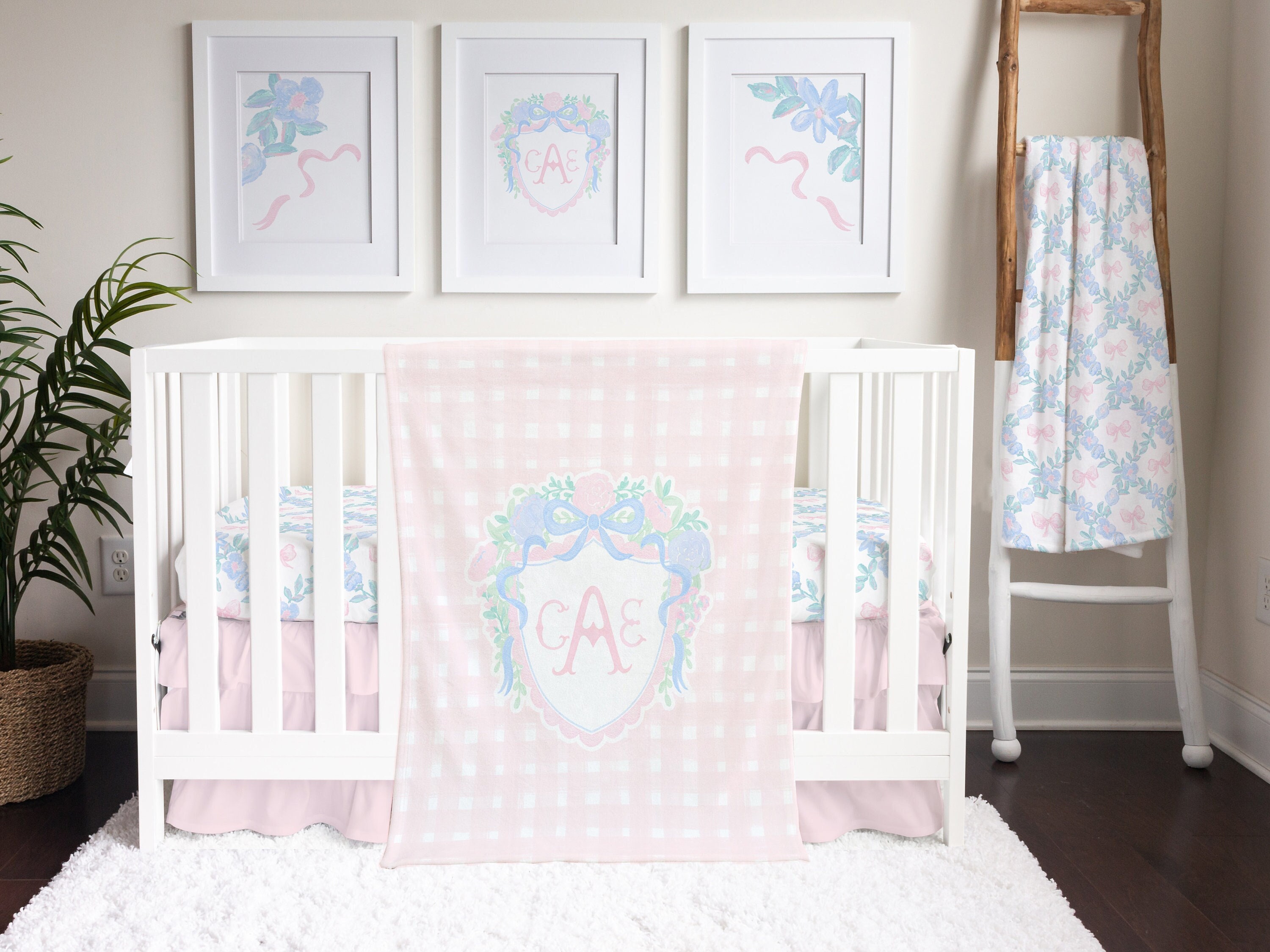 Pink Baby Girl Crib Bedding Set for Your Preppy Nursery Granny Chic Pink Bows Monogrammed Crest and Grandmillenial Floral Nursery Decor Etsy