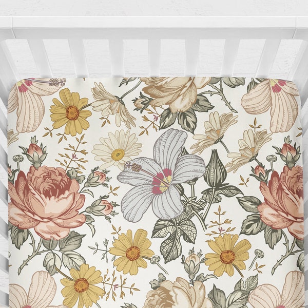 Vintage Floral Crib Sheet, Baby Girl Bedding Set, Floral Nursery Decor, Changing Pad Cover, Earth Tones, Natural, Yellow, Orange, Ivory