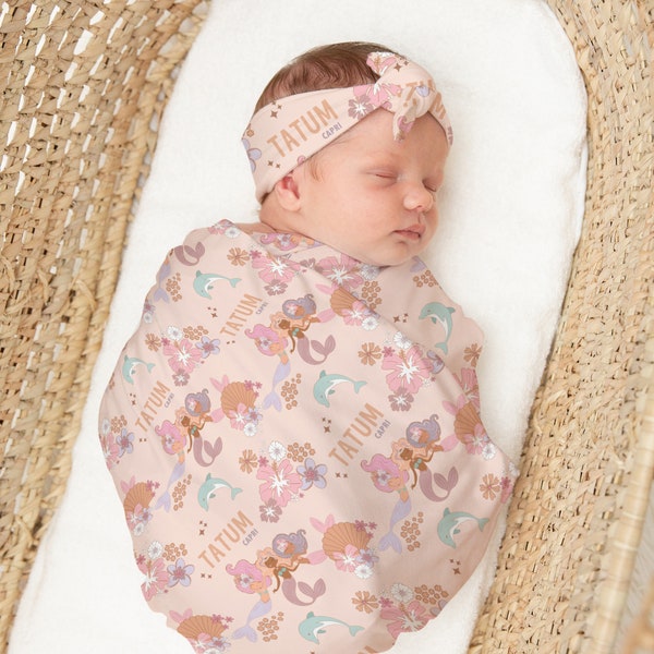 Boho Mermaid Swaddle Blanket Headband, Personalized Baby Gift, Knit Blanket, Girl Crib Bedding, Ocean Girl Nursery, Baby Bedding, Seashell