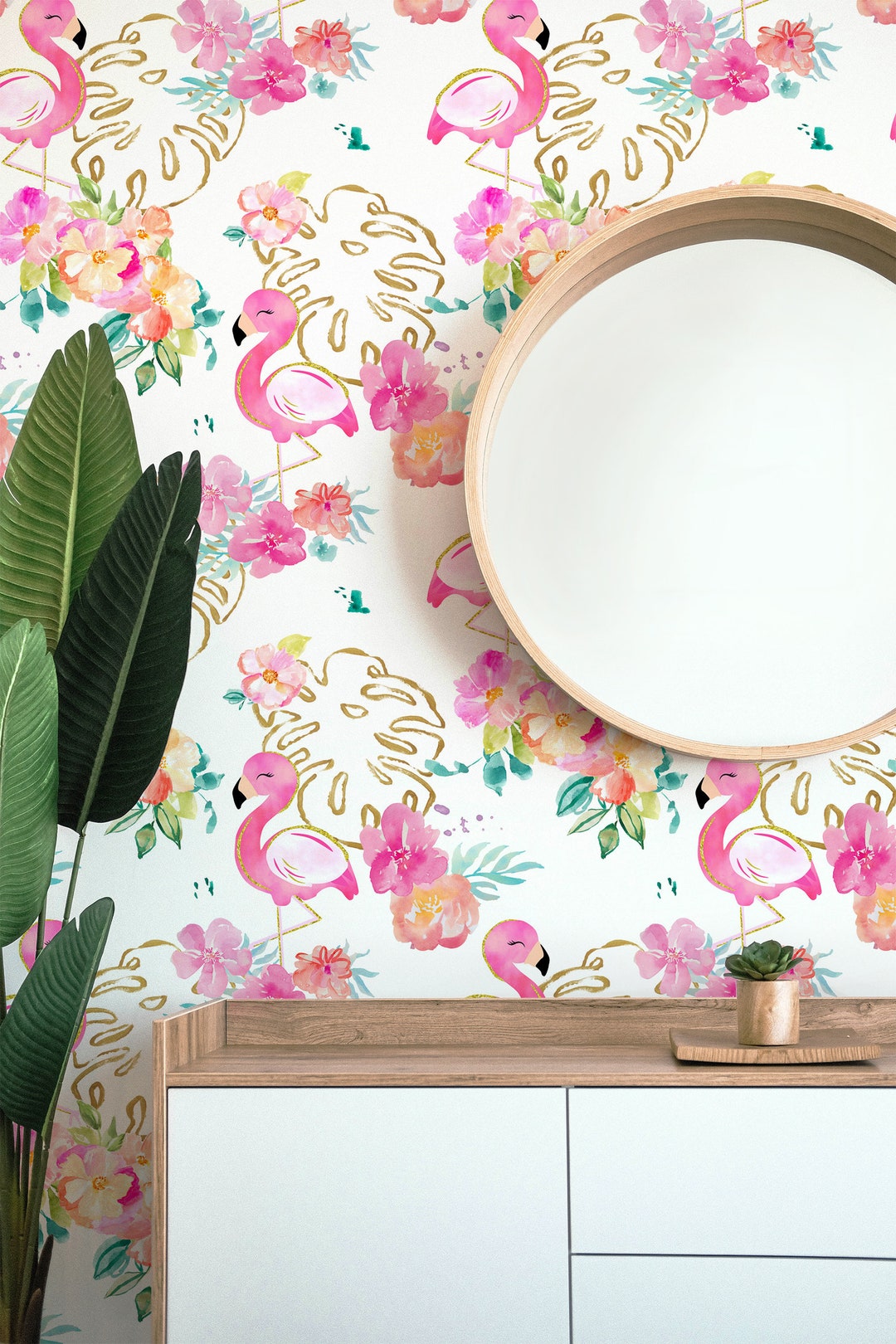 Flamingo Nursery Wallpaper, Floral Removable Wallpaper, Tropical
