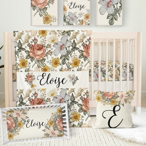 Floral Crib Bedding Set for your Vintage Baby Girl Nursery, Rust Baby Bedding, Crib Sheet, Mesh Crib Liner, Changing Pad Cover, Personalized