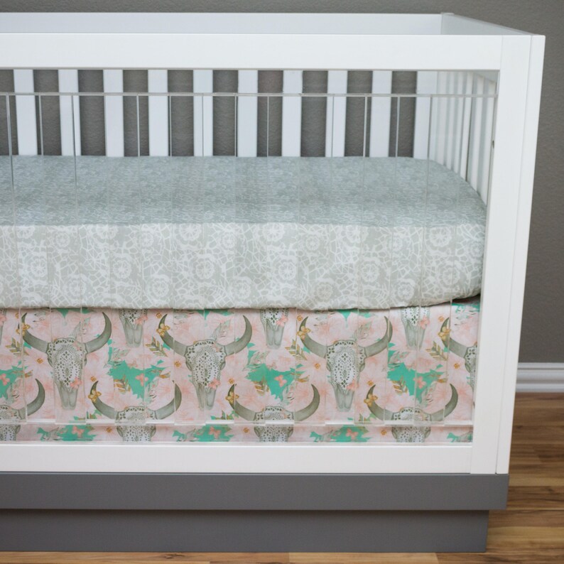 Boho Crib Bedding Girl Baby Skull Lace Sheet Skirt Bumperless Fl Mint And C Peach Gold